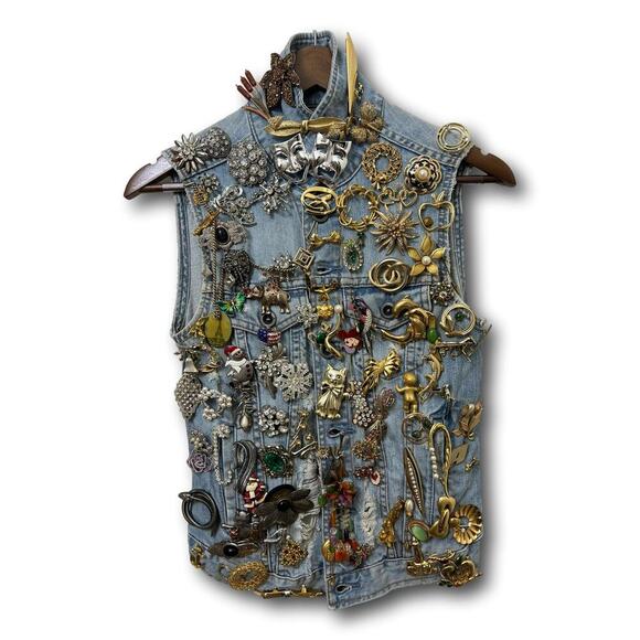 Hurley Jackets & Blazers - Vintage Hurley Denim Vest 50+ Collectible Brooches Statement Piece Wearable Art